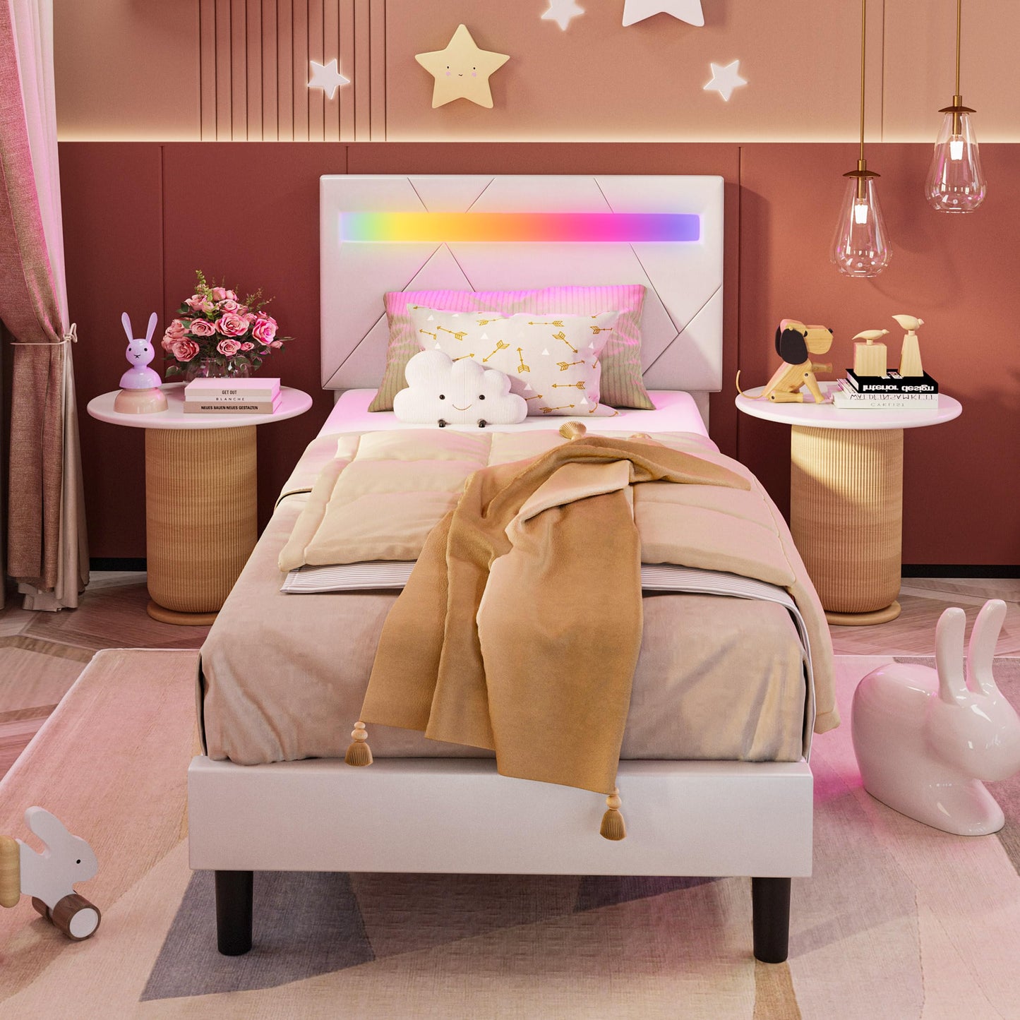 LIKIMIO Twin Bed Frame with LED Lights(Smart APP Control), Upholstered Modern Platform Bed Frame, No Box Spring Needed/Noise-Free/Easy Assembly, White