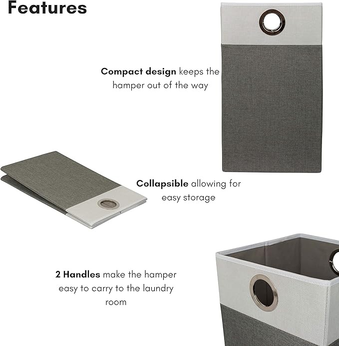BIRDROCK HOME Folding Cloth Laundry Hamper with Handles - Dirty Clothes Sorter - Easy Storage - Collapsible - Grey and White