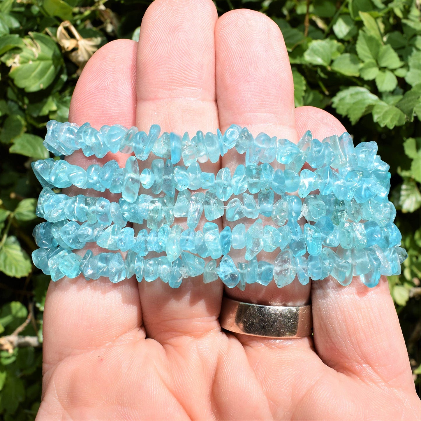 Zenergy Gems [1 CHARGED 7 Blue Apatite Crystal Chip Bracelet Tumble Polished Stretchy + Selenite Charging Crystal Included (STIM