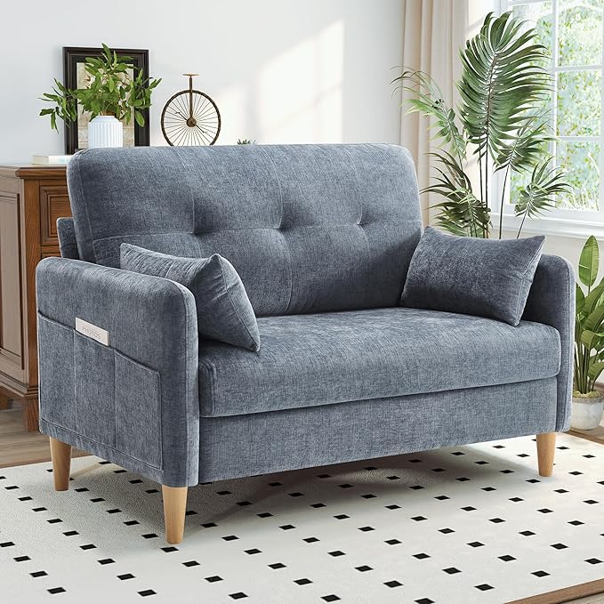 Hanherry Loveseat Sofa, 47” Small Couch for Living Room, Comfy Chenille Fabric Love Seat for Bedroom with Throw Pillow,Removable Cushion Cover,Couches for Small Space,Apartment,Dorm