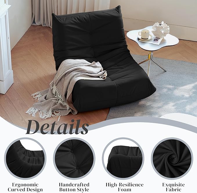 Bean Bag Chair, Fireside Chair Bean Bag Sofa for Adults, Bean Bag Chairs for Teens with High-Resilience Foam, Memory Foam & Non-Slip Base Bean Bag for Living Room, Bedroom, Office (Suede, Black)