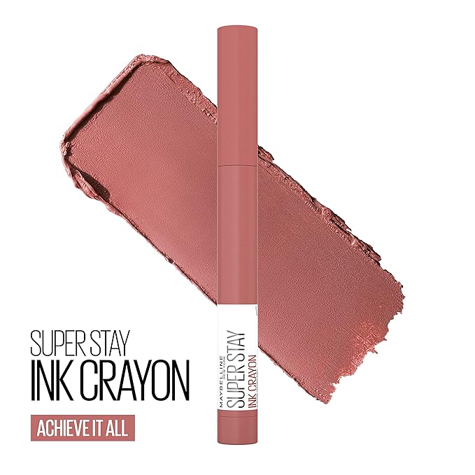 Maybelline Super Stay Ink Crayon Lipstick Makeup, Precision Tip Matte Lip Crayon with Built-in Sharpener, Longwear Up To 8Hrs, Achieve It All, Brown Nude, 1 Count