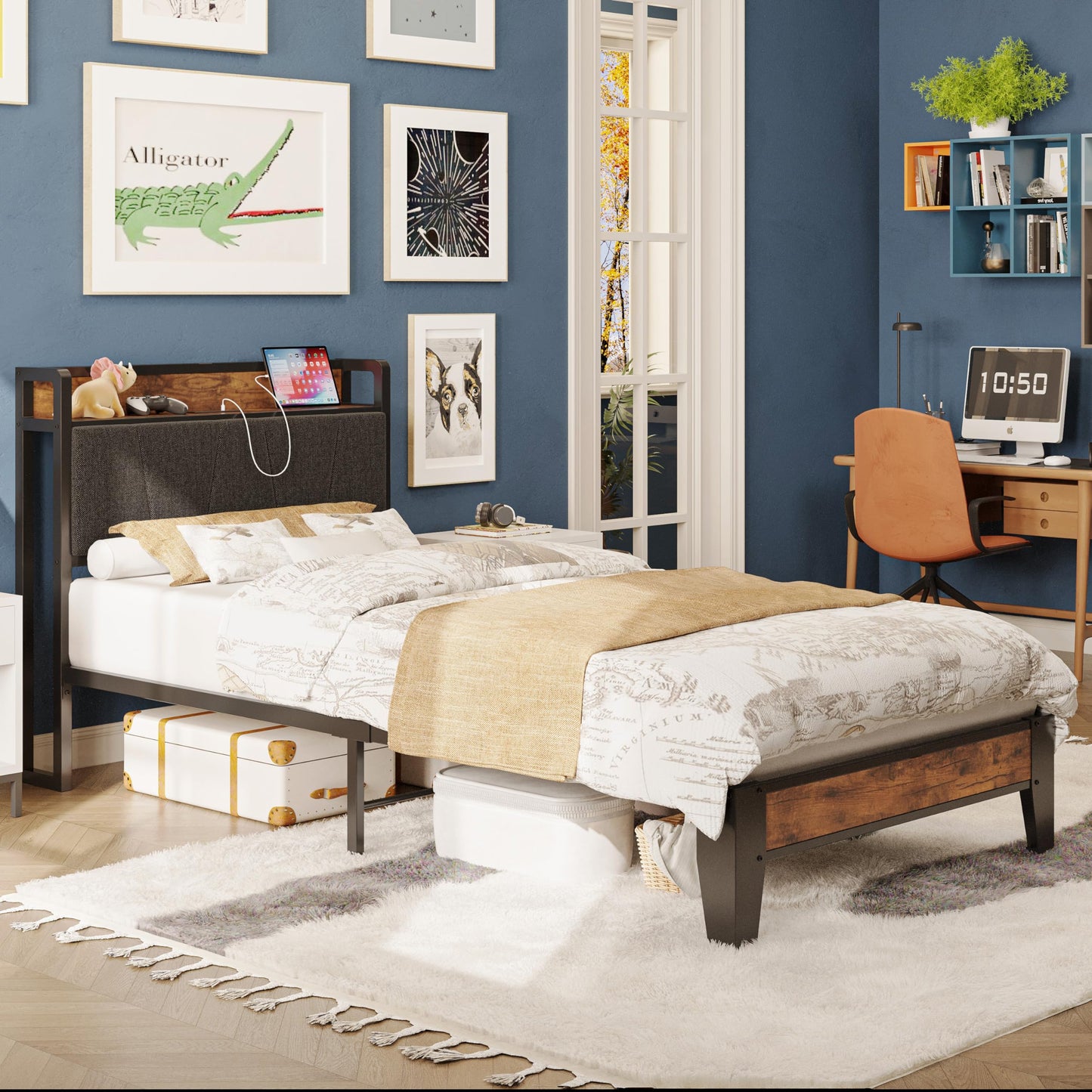 LIKIMIO Twin XL Bed Frames, Storage Headboard with Charging Station, Solid and Stable, Noise Free, No Box Spring Needed, Easy Assembly