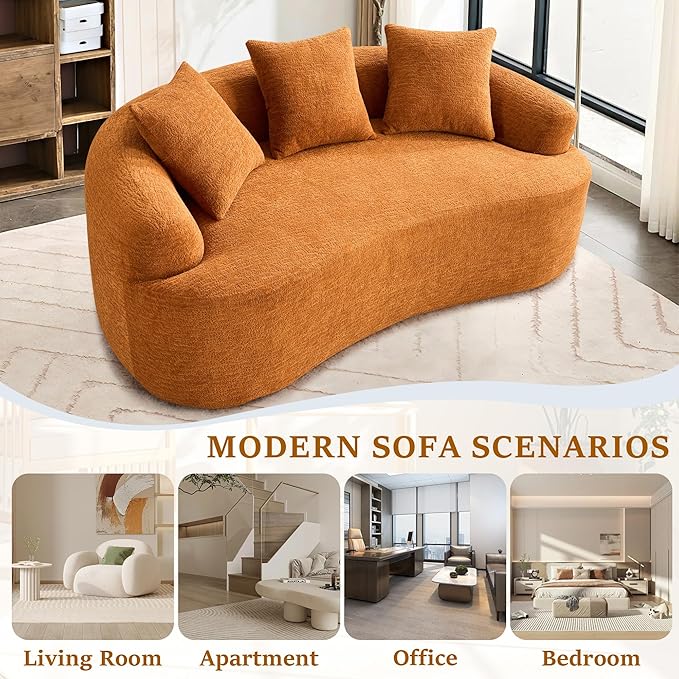 65'' Modern Curved Cloud Loveseat Sectional Sofa for Small Spaces, Luxury Plush Chenille Deep Seat Couch with 3 Pillows, No Assembly Needed Apartment Living Room Furniture, Orange