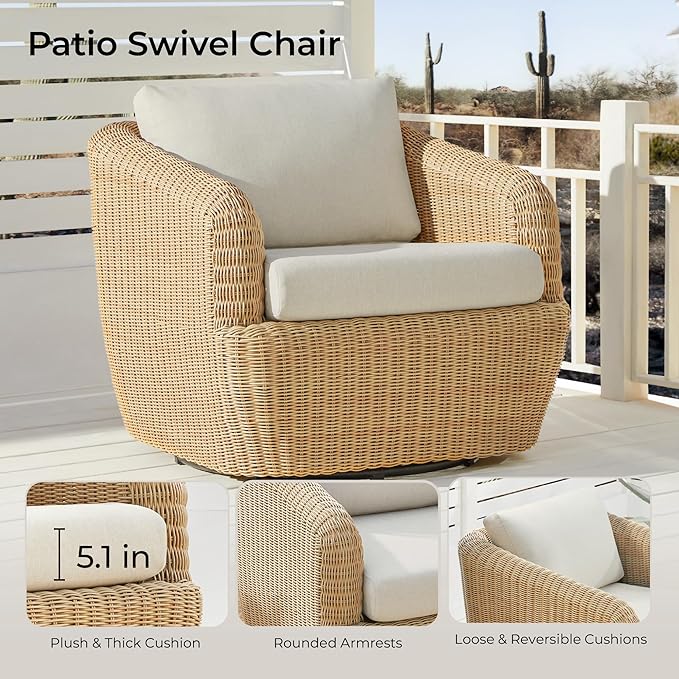 CHITA 3 Pieces Patio Wicker Furniture Set, Outdoor Rattan Bistro Set with Removable Thickened Cushions, Fully Assembled(Beige Cushions with Light Brown Wicker)