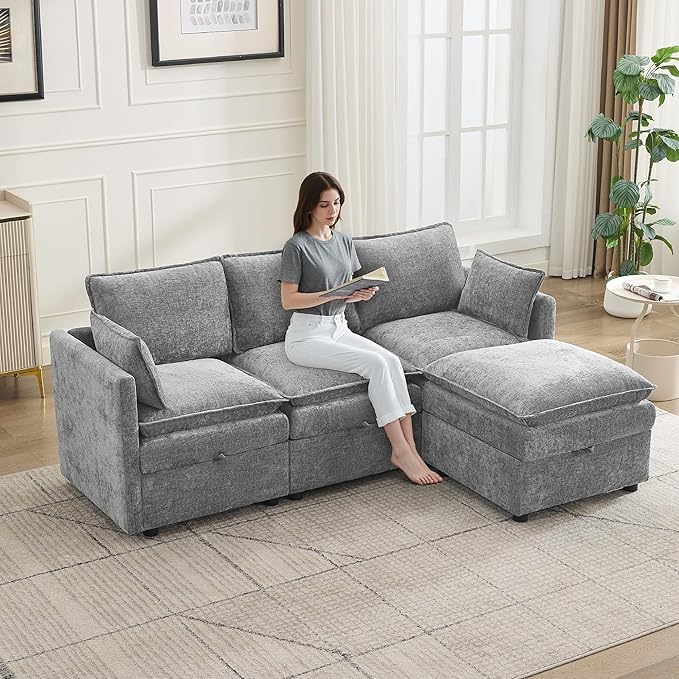80" Cloud 3 Seater Sectional Modular Couch with Storage Ottoman, Upholstered Storage Sofa Deep Seat, Chenille L Shape Sofa Comfy Couches with Armrests for Living Room, Small Space, Light Grey
