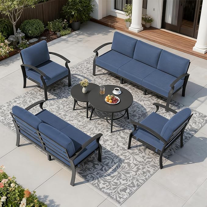 RTDTD Aluminum Outdoor Patio Furniture Set,7 Seats Patio Conversation Sets with 2 Round Coffee Tables,Metal Patio Sectional Furniture Set with 5.1" Thickened Cushions,Navy Blue
