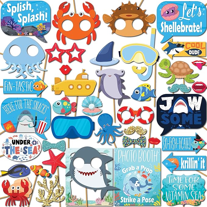 Under The Sea Photo Booth Props - 41-pc Photobooth Kit with 8 x 10-Inch Sign, 60 Adhesive Pads, 45 Sticks - Under The Sea ...