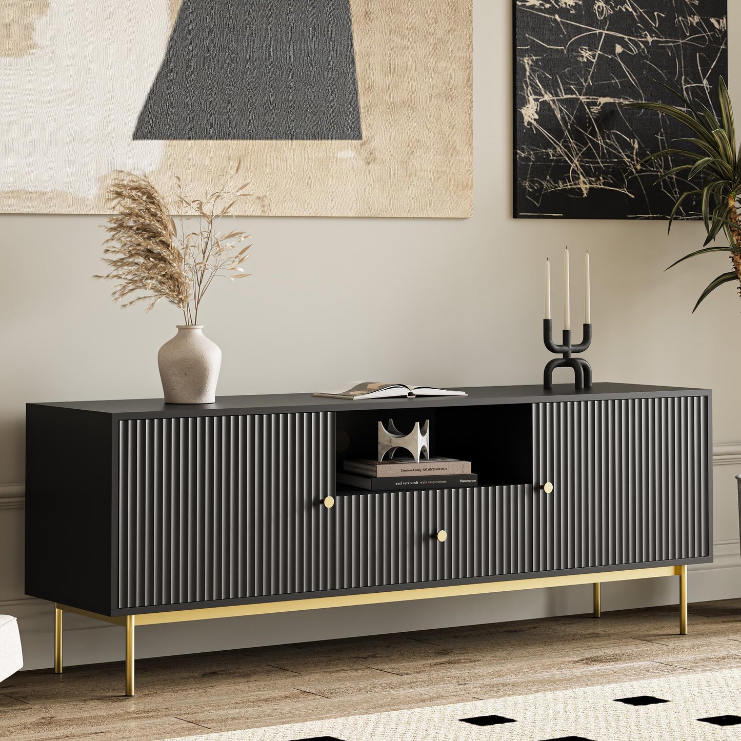 MAISONARIA Fluted TV Stand, Modern TV Stand for 70 Inch TV, Entertainment Center with 2 Storage Cabinets, Fluted Panel Media Console for Living Room, Bedroom, Office, Black