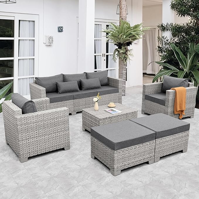 WAROOM Patio Furniture Set 6 Piece Outdoor Patio Set Grey Wicker Balcony Furniture Conversation Sets PE Rattan Couch Sofa with Coffee Table, Grey Cushion