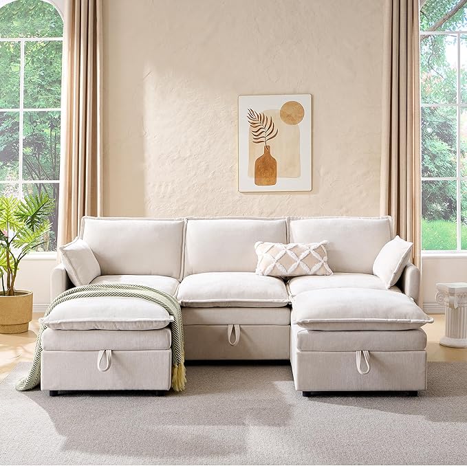85.83" Sectional Couches for Living Room, Cloud Couch Sectional with Large Storage Ottoman, U-Shape Modular Sectional Sofa with 5 Seater Chenille Sofa and Pillow for Apartment, Bedroom, Beige