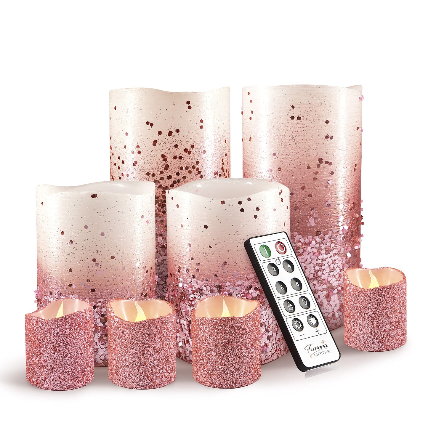 FURORA LIGHTING Pink Glitter LED Candles with Remote and Timer, 4 Pillars and 4 Votives Pack of 8, Real Wax Flameless Flickering Candles for Home Décor, Battery Included