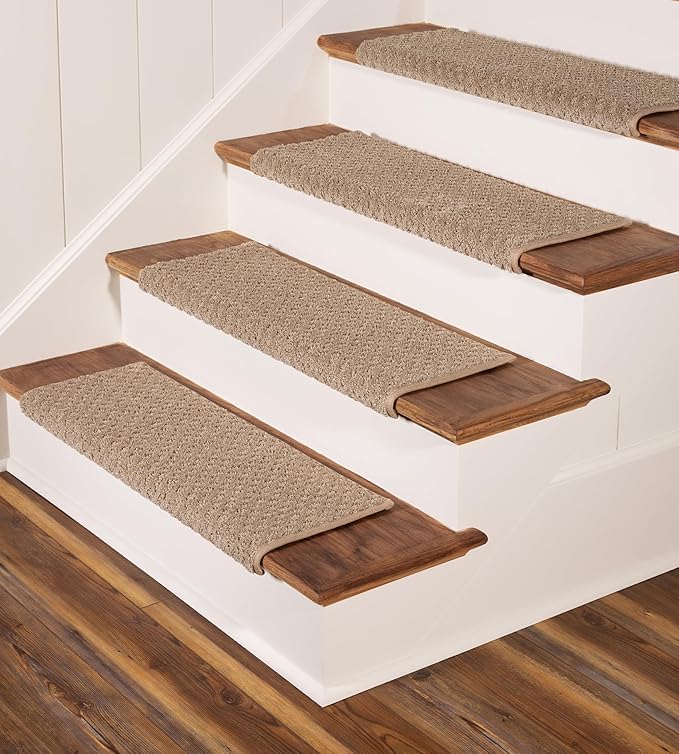 Oak Valley Designs™ Rounded Bullnose Carpet Stair Treads - Anti Slip Indoor Stair Mats for Wooden Stairs, Style: Bayside Charm, Wood Grain 31" W X 9.75" D (Set of 14)
