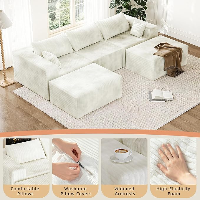 CABZOON 110" Cloud Couch Sectional for Living Room U-Shape Boneless Couches Modular Sectional Sofa with Deep Seat with Chaise,No Assembly Required, Carbon White(Plush Corduroy Fabric)