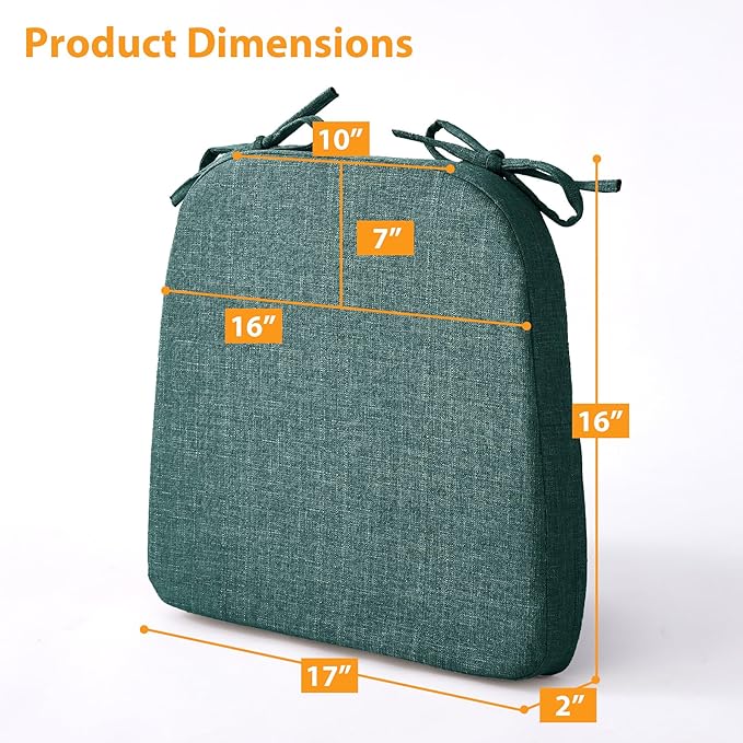 Ruqmuis Chair Cushions for Dining Chairs, 2" Thick Seat Cushions for Kitchen Chairs, D-Shaped Chair Pads with Washable Cover, Ties and Non Slip Backing, 17'' x 16'', Set of 4, Green
