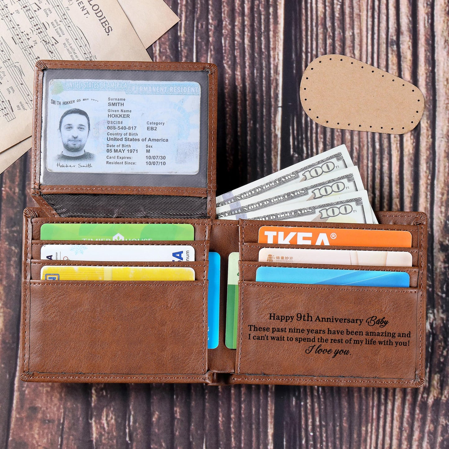 IUZOE 9rd Anniversary Leather Gift for Him, 9 Years of Marriage Engraved Leather Wallet, 9 Years Wedding Gifts for Husband