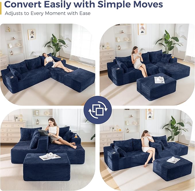 MAXYOYO 104" U-Shaped Modular Sectional Couch, Modern Boneless Couch for Living Room, Sofa in A Box, Oversized Sofa Sleeper with Deep Seat, No Assembly Required, Navy