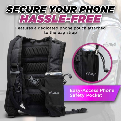 Rave2o Rave Hydration Backpack – Anti-Theft Festival Hydration Pack with 1.5L Leakproof TPU Bladder – Slim, Insulated Water Pack Secret Pockets & Breathable – Raves, Music Festivals, EDC - Prism Black