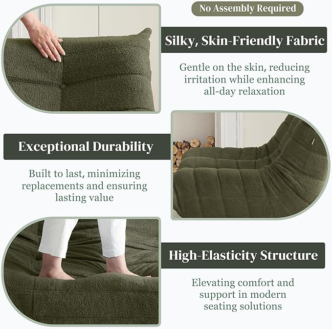 Bean Bag Chair, Loveseat Fireside Chair Bean Bag Sofa for Adults, 2 Seater Bean Bag Chairs for Teens with High-Resilience Foam, Memory Foam Bean Bag for Living Room, Bedroom, Office(Teddy, Dark Green)