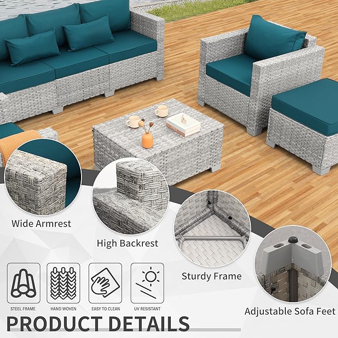 WAROOM Patio Furniture Set 6 Piece Outdoor Patio Set Grey Wicker Balcony Furniture Conversation Sets PE Rattan Couch Sofa with Coffee Table, Peacock Blue Cushion