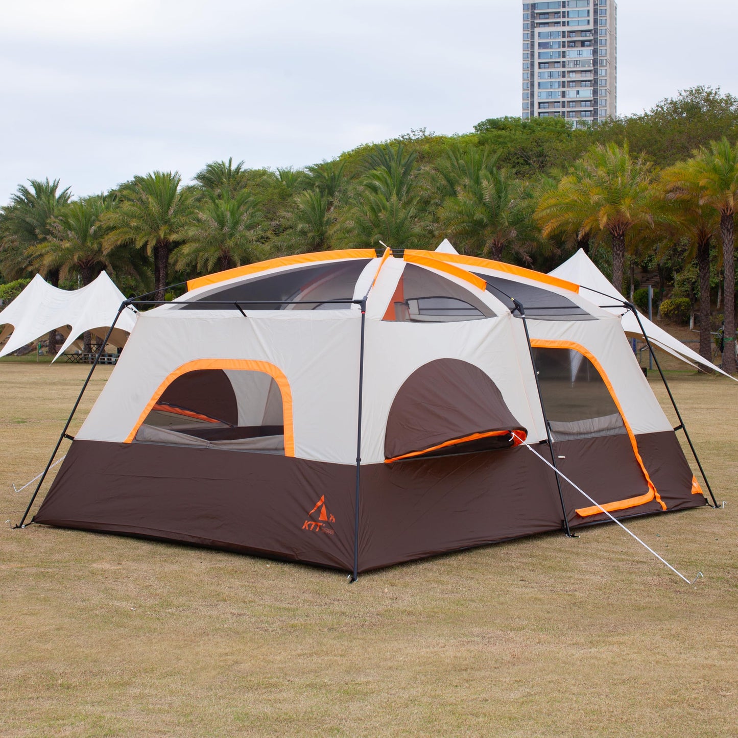 KTT Extra Large Tent 12 Person,2 Bay-Windows,Family Cabin Tents,14'Lx10'Wx6.58'H,2 Rooms and 3 Doors 3 Windows with Mesh,Waterproof,Straight Wall,Big Tent for Outdoor,Picnic,Camping,Gathering(Brown)