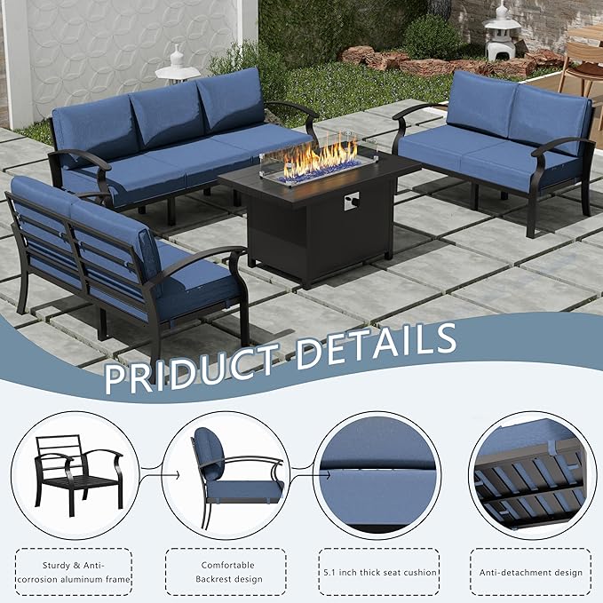 RTDTD Aluminum Outdoor Patio Furniture Set,4 Pieces 7 Seats Patio Conversation Sets with 45" Propane Fire Pit Table,Metal Patio Sectional Furniture Set w/5.1" Cushions,Navy Blue