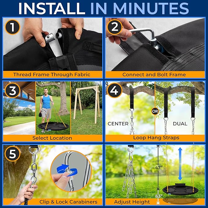 SereneLife 40" Saucer Swing - Outdoor Swing Set with Heavy-Duty Chains & Hanging Kit, Swinging Seat Spinner with Pillow & Carry Bag, Weatherproof, Water-Resistant, Supports Up to 700 lbs, Black