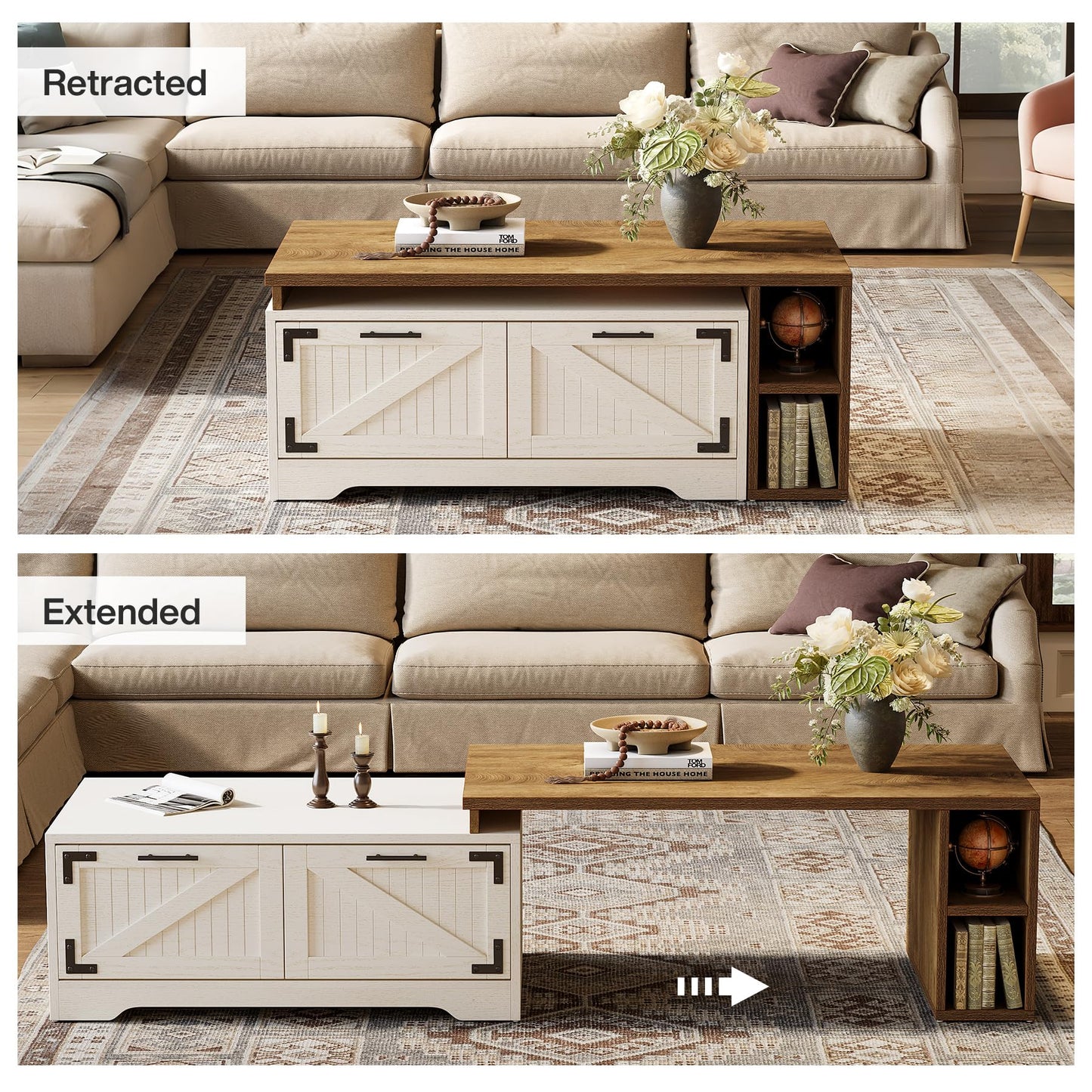 Tribesigns Extendable Large Coffee Center Table for Living Room, 47.24-Inch Farmhouse Rectangle Tea Cocktail Table with 2 Storage Drawers and Open Shelves, White and Rustic Brown