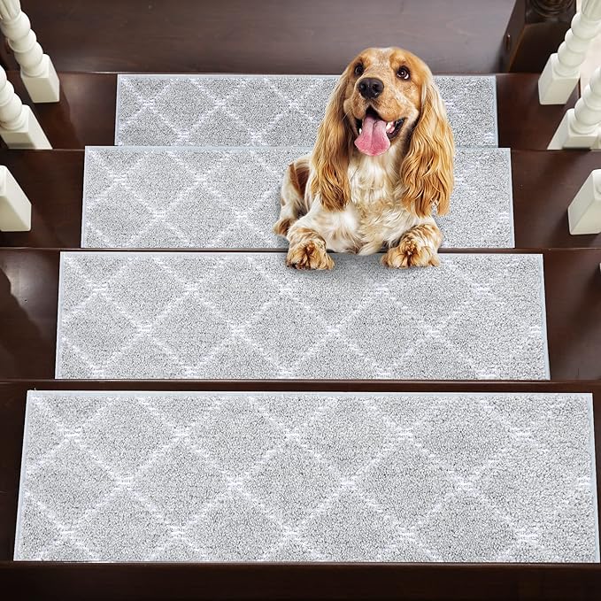 BEQHAUSE Stair Treads for Wooden Steps Non-Slip Stair Rugs Machine Washable Stair Carpet Treads 28inX9in Grey Stair Runner for Elders,Kids and Dogs Polyester Soft Stair Mats,4PCS
