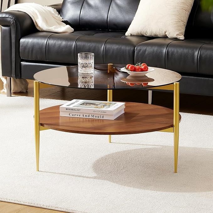 Pine Flicker Round Coffee Table, Mid-Century Modern Design, D30*H17 inch, for Living Room, 2-Tier Structure, Amber Glass Top and Walnut Wood Shelf, Sleek Conical Metal Legs with Gold Finish