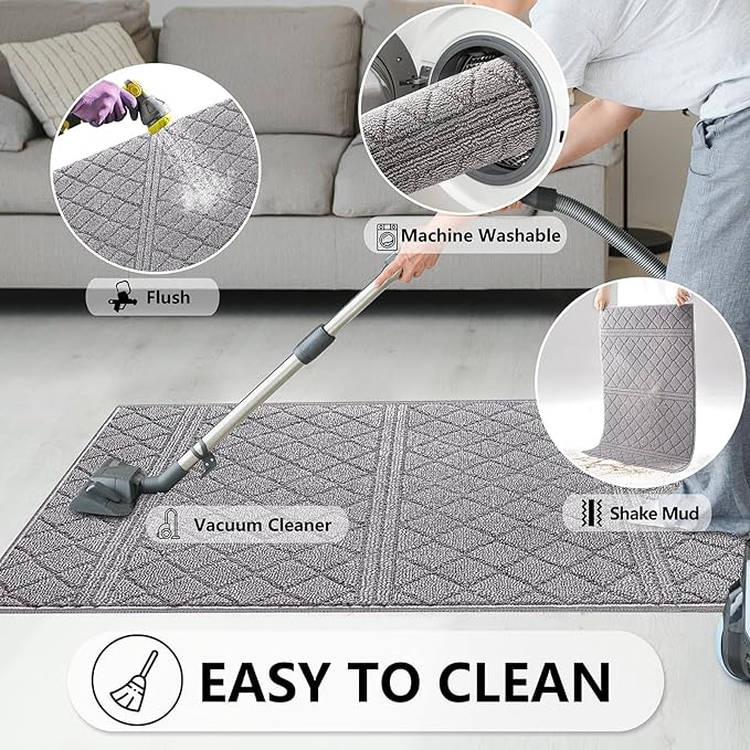 REFETONE Indoor Doormat, Front Back Door Mat 36"x60" Absorbent Rubber Backing Non Slip Door Mats, Low-Profile Resist Dirt Rugs, Machine Washable Door Rug Inside Floor Mat for Entryway, Light Grey