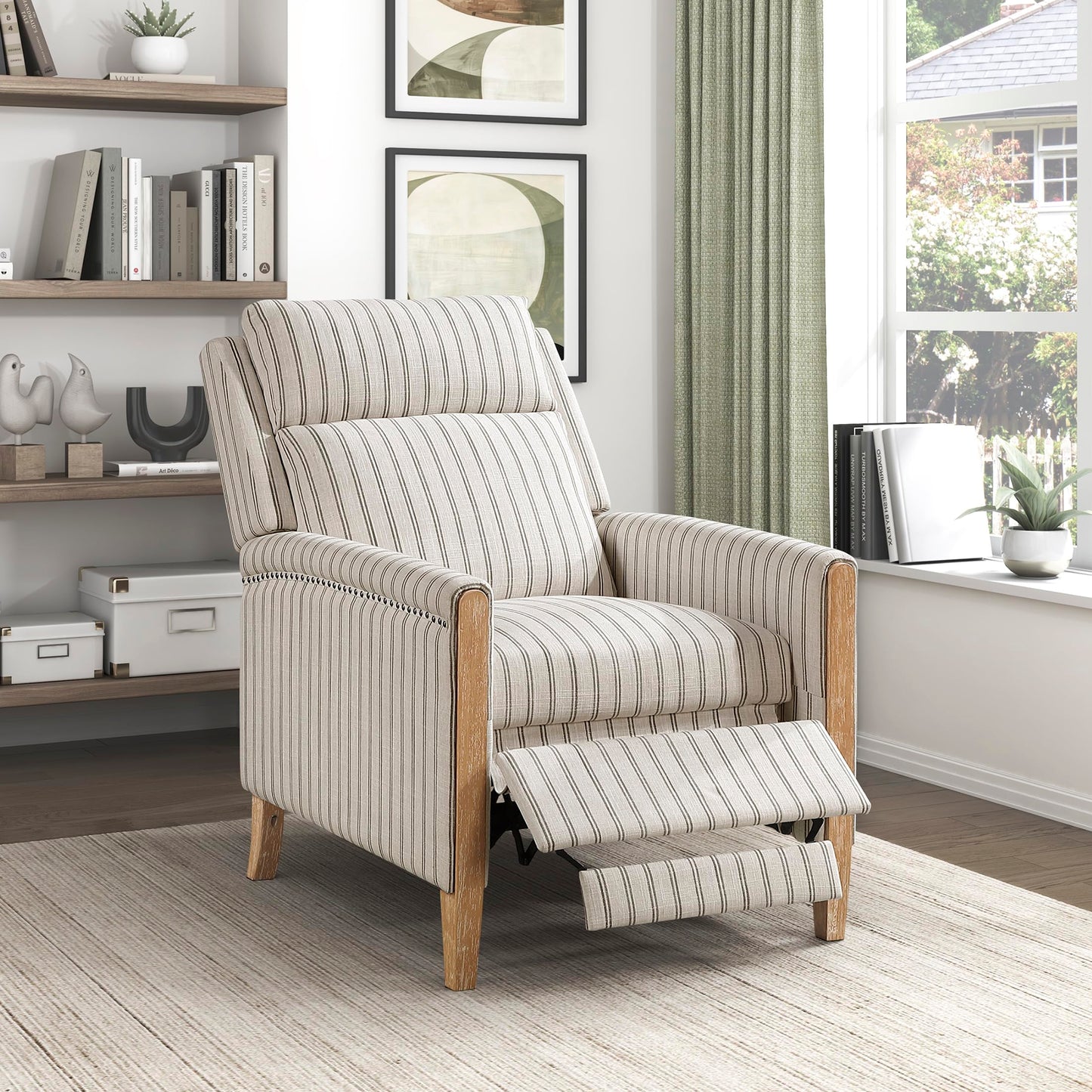 Lexicon Pushback Recliner Chair, Striped Textured Fabric Accent Armchair, Push Back Recliner, Nailhead Trim, Solid Wood Legs, Easy Assembly for Living Room/Office/Apartment, White/Grey