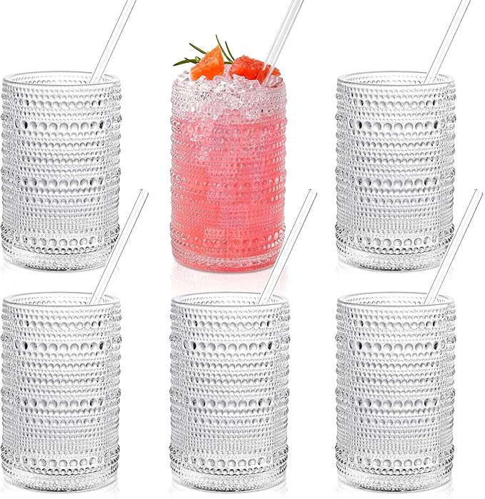 KMIGRUAN Hobnail Drinking Glasses with Straws 15oz Vintage Glassware Set of 6 Embossed Vintage Water Cups, Highball Glasse...