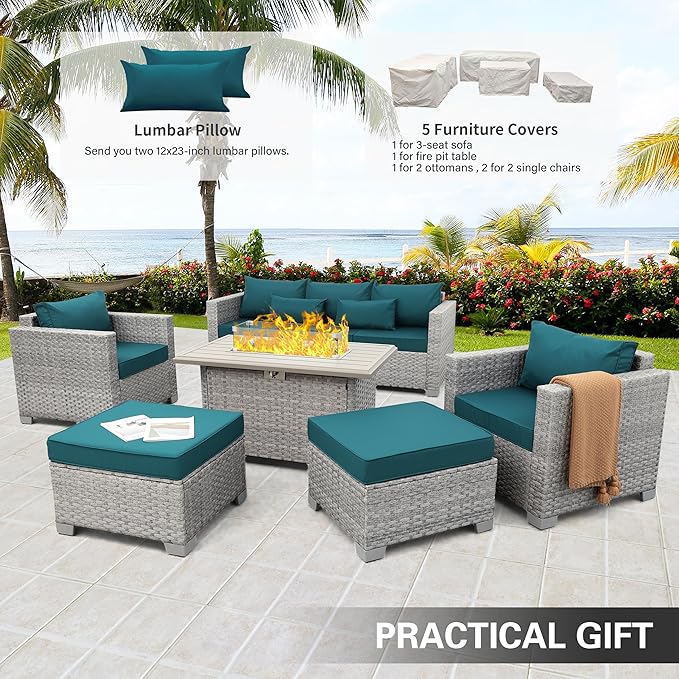 WAROOM Patio Furniture Set 6 Piece Grey Wicker Outdoor Sectional Sofa Balcony Furniture Couch PE Rattan Conversation Sets with Fire Pit Table, Peacock Blue Cushion