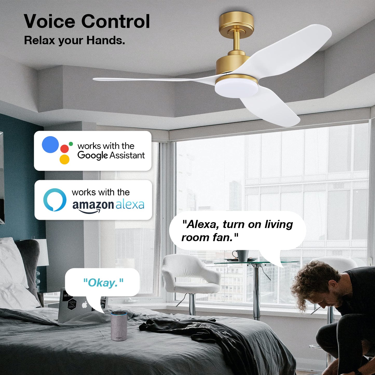 Hoenofly 48 Inch Smart Ceiling Fans With Lights And Remote Control,Dimmable Led Light,Outdoor Indoor Gold White Ceiling Fan,Quie