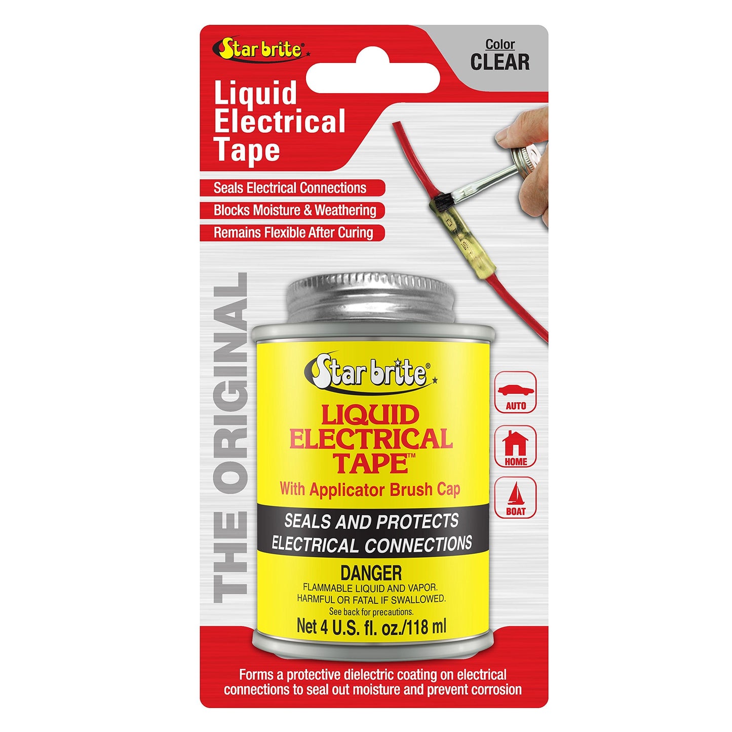 STAR BRITE Liquid Electrical Tape with Applicator Brush Cap - Superior Adhesion & Flexible Protection for Frayed Cables, Terminals & Electric Splices - Clear 4 fl oz. (084108B)