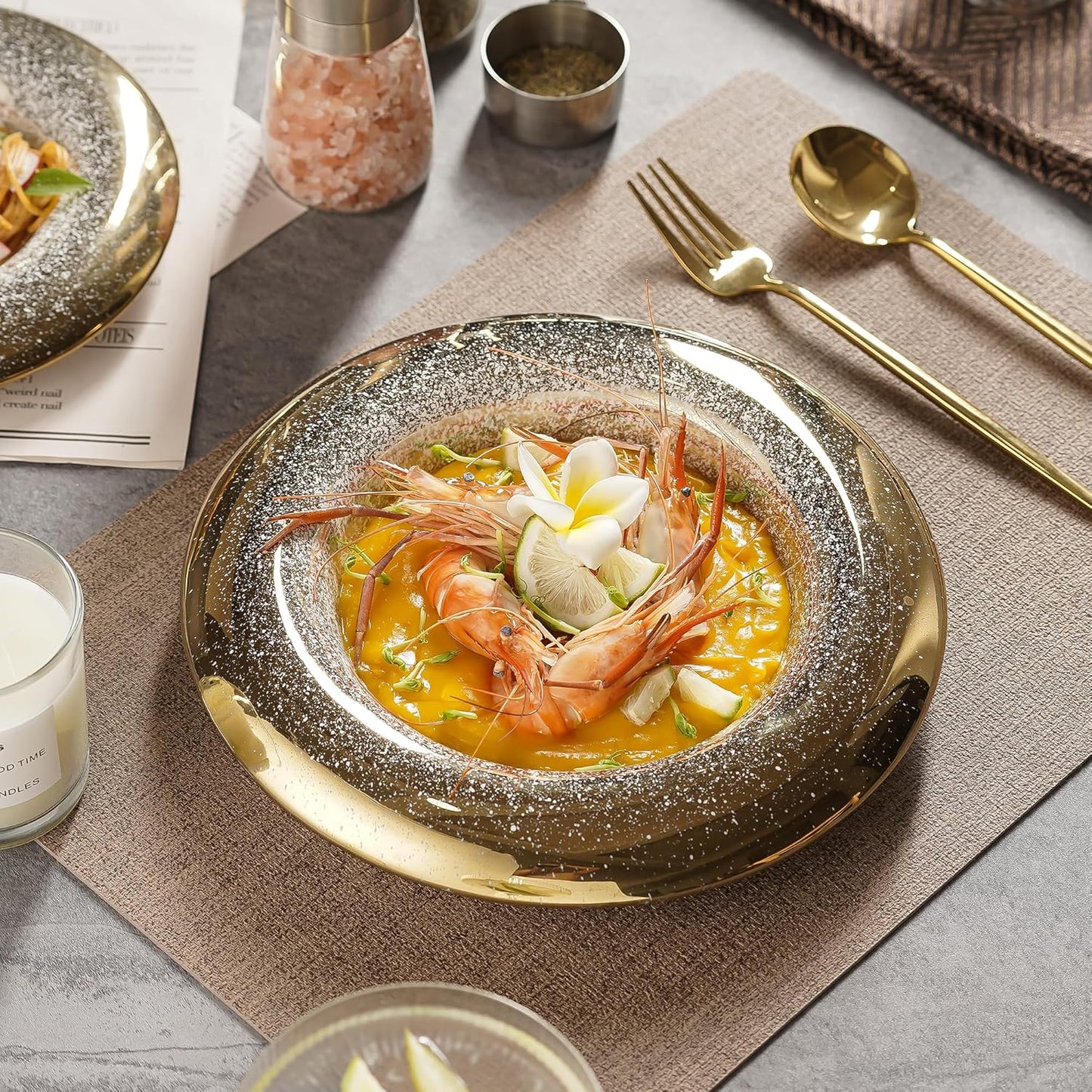 Ceramic Pasta Bowl Plates Set - Ballet Design with Gradient Gold Finish, Dinner Plates for Salad, Pasta & Sushi, Dishwasher Safe, Restaurant & Home Dinnerware