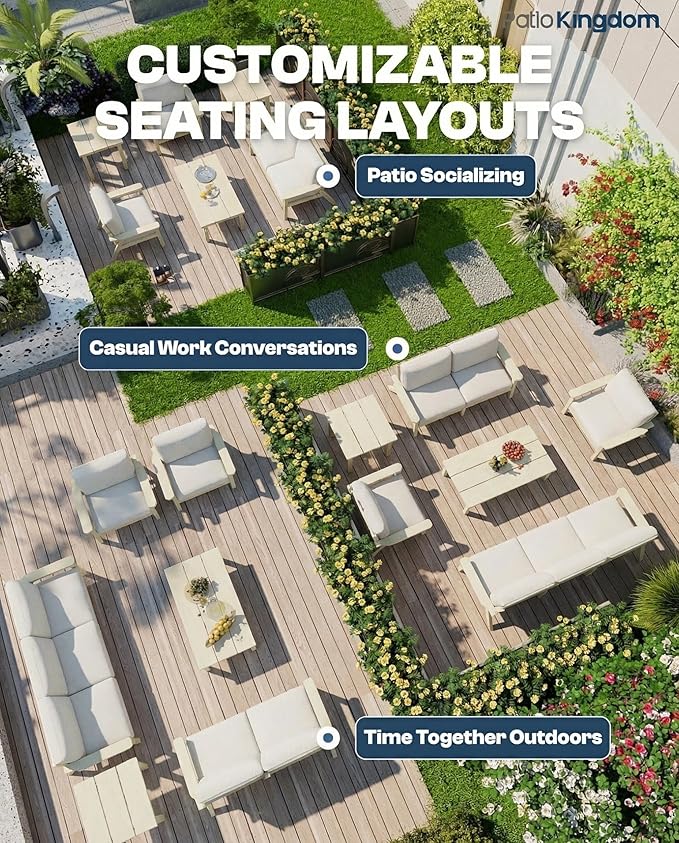 Patio Kingdom Patio Furniture Set 3 Seats, HDPE Outdoor Sectional with Washable Beige Thick Cushions, Coffee Table & Side Table, Patio Conversation Sets for Lawn, Garden, Porch, Balcony (White Frame)