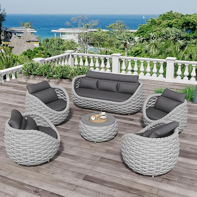 Erotr Aluminum Outdoor Couch Set: 6 Pieces Woven Rope Patio Conversation Set - Metal Modern Porch Furniture Sofa Set - All Weather Assembled Deck Seating for Courtyard Backyard Rooftop Hotel Resort