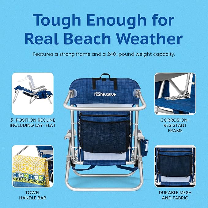Homevative Cooler+ Folding Backpack Beach Chair with 5 Positions, Towel bar, XL Cooler Pouch, Storage Net, Cup and Phone Holder, Breeze, 2 Pack