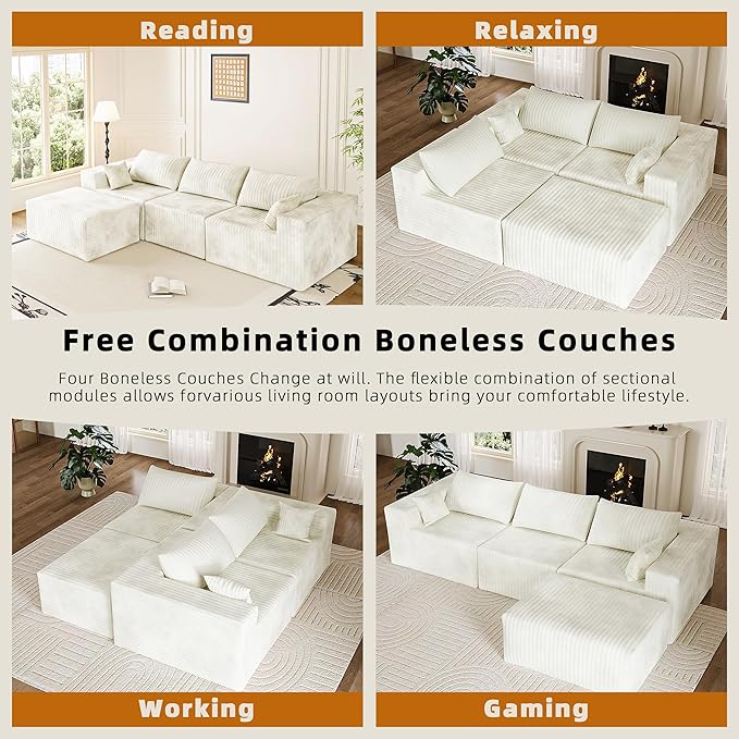 CABZOON 110" Cloud Couch Sectional for Living Room L-Shape Boneless Couches Modular Sectional Sofa with Deep Seat with Chaise,No Assembly Required, Carbon White(Plush Corduroy Fabric)
