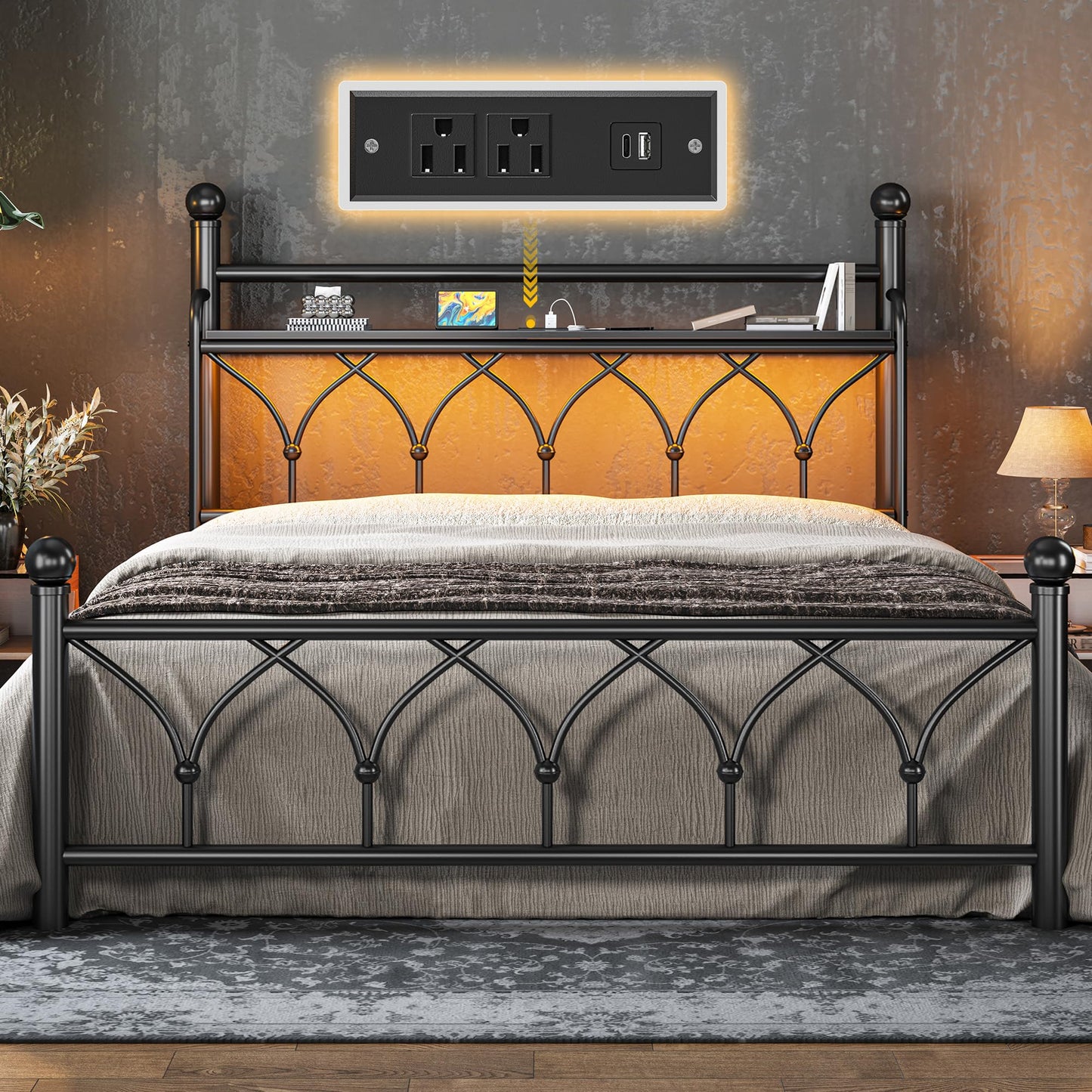 EnHomee Queen Bed Frame with Headboard, Metal Bed Frame Queen Size with LED Lights and Power Outlets, Heavy Duty Steel Slats Support with Storage, Sturdy & Noise-Free, No Box Spring Needed, Black