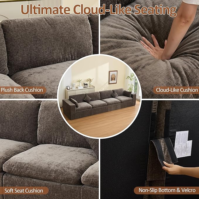 155''Cloud Boneless Sectional Couch, Modular Sectional Sofa Deep Seat, Oversized Upholstered Convertible Comfy 4 Seater Chenille Memory Foam Sofa Couches for Living Room, Brown