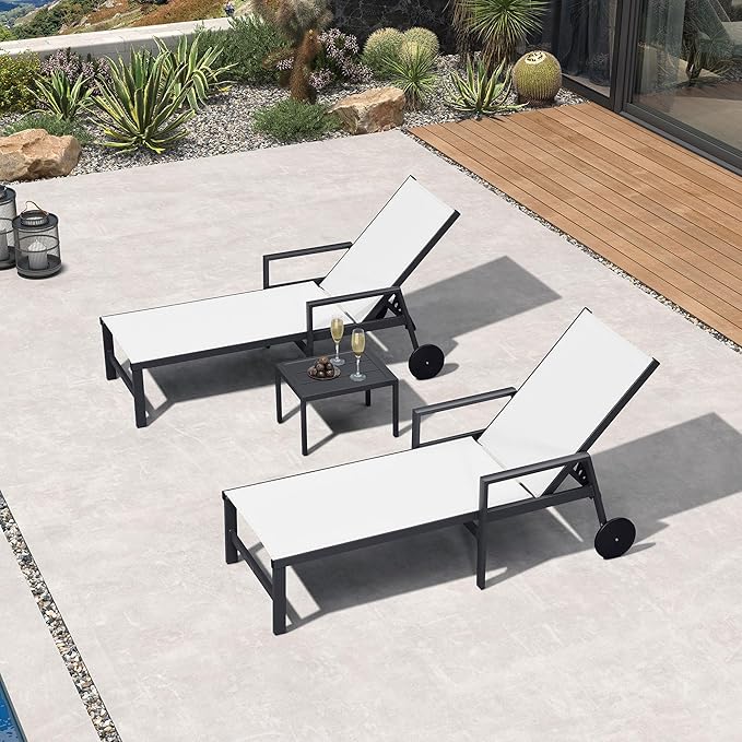 PURPLE LEAF Outdoor Chaise Lounge Set for 2 Aluminum Patio Chaise Lounger Chair with Armrest Adjustable Pool Chaise Lounge Chair for Beach Yard Poolside Table Included, Linen