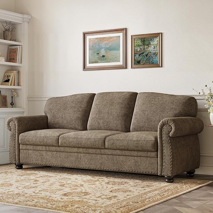 ONBRILL 90 Inch Nailhead Trim Couch for Living Room, 23 Inch Deep Seat Rolled Arm Sofa, Comfy Upholstered 3 Seater Chenille Couch w/Wooden Leg, Large Traditional Sofa for Farmhouse, Brown