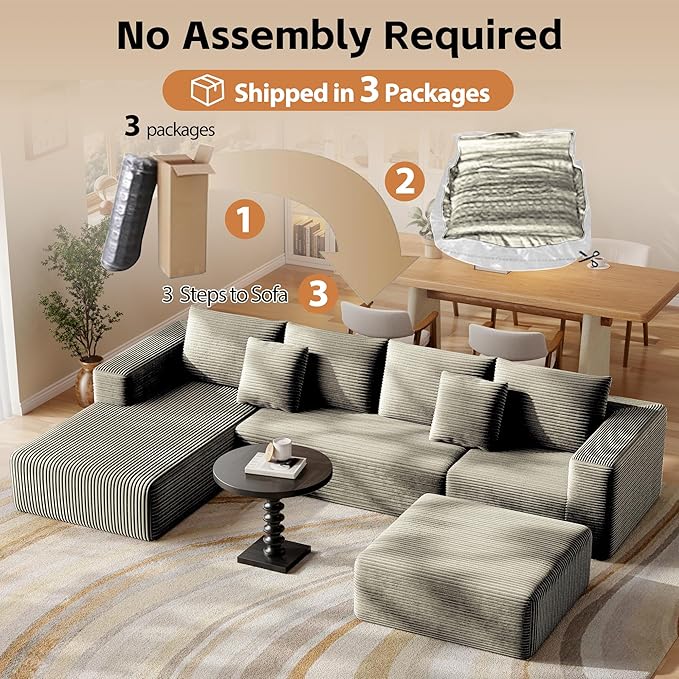 Fancyfire 134.6" Cloud Modular Sectional Couch with Chaise and Pillows,Ultimate Comfort U-Shaped Deep Seat Sofa,Boneless Couch Upholstered 3-Seater Sofas for Living Room, No Assembly Required(Khaki)