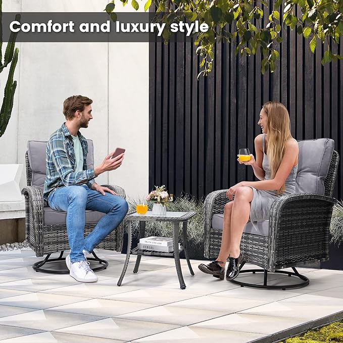 wildformers Luxury Outdoor Swivel Wicker Glider Patio Chairs with Table Set, Overstuffed Washable Cushions, Ideal for Porch, Balcony, Deck, Grey Rattan and Grey Cushion
