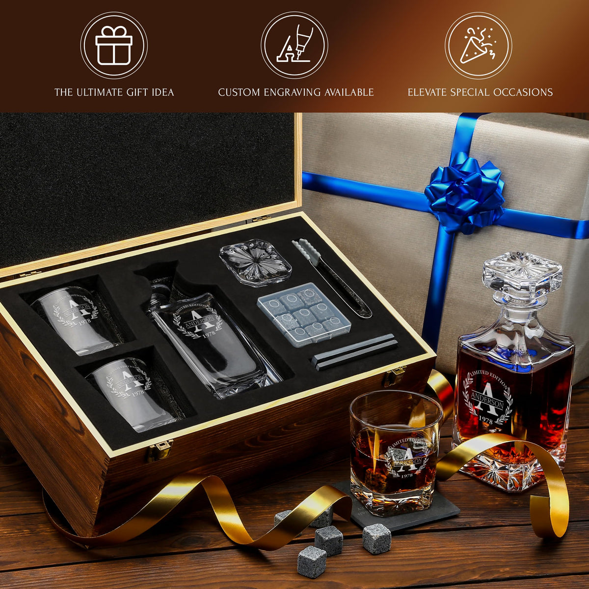 Personalized Whiskey Decanter and Stones Set - Customized Gift for Him - Men, Dad, Father - Engraved Classic Decanter, Glasses, 9 Granite Stones in Container, Coasters, Tongs in Wooden Gift Box
