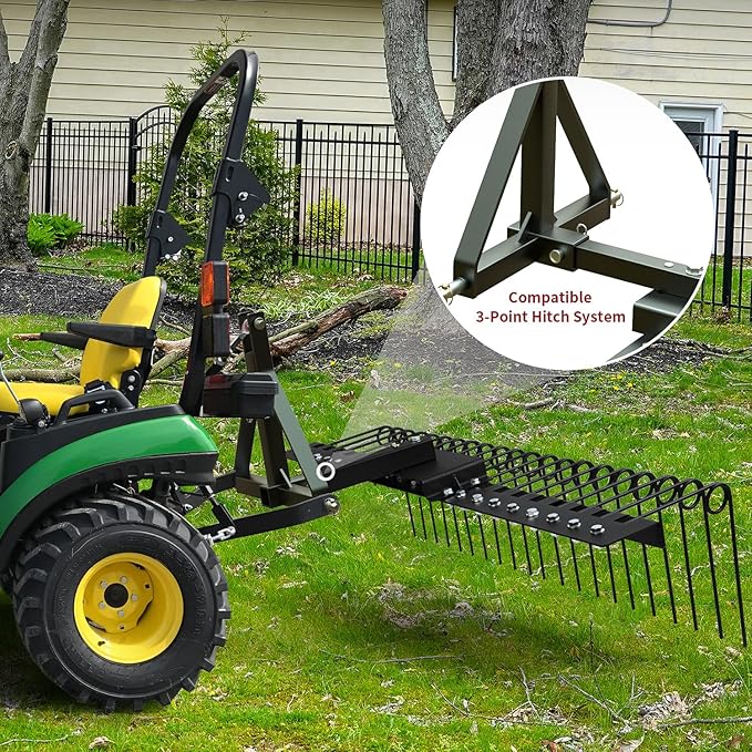 5FT Durable Pine Straw Rake Steel Spring Landscape Rake Fits 2" Receiver for Lawn Tractors or ATV/UTV，Black