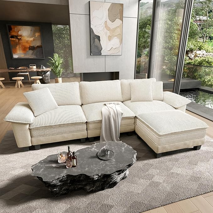 HERA'S HOUSE 124" Modular Sectional Sofa, Oversized L Shaped Couches for Living Room, Comfy Cloud Couch with Ottoman, 4-Seater Deep Seat Sofa with Throw Pillow, Corduroy and Chenille Beige